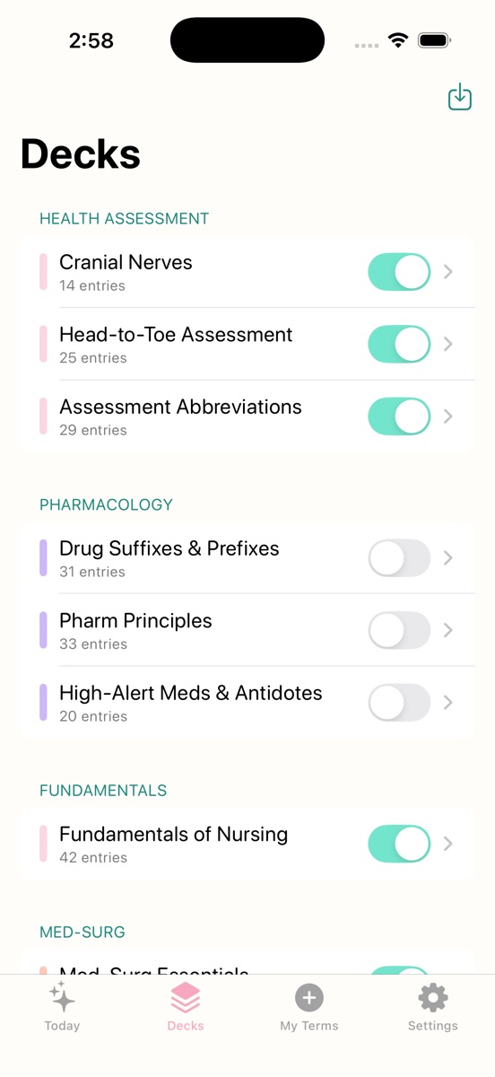 App Store screenshot: NurseLingo decks screen with per-course toggles