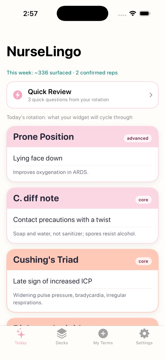 App Store screenshot: NurseLingo Today screen with the current rotation of terms