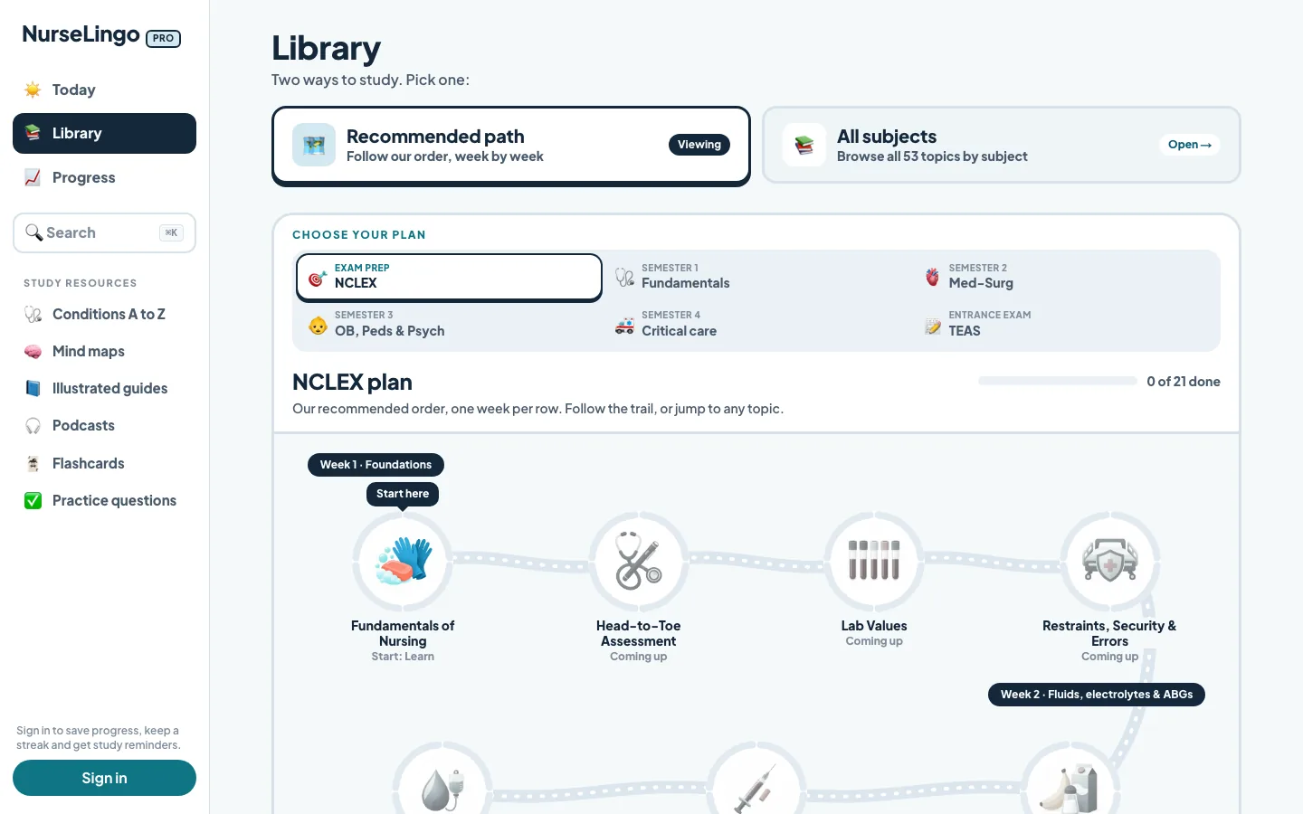 NurseLingo Pro on a laptop: the study library by subject