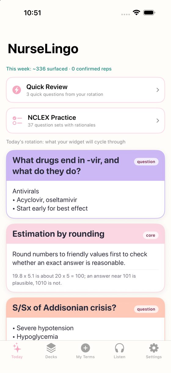 The NurseLingo iPhone app Today screen