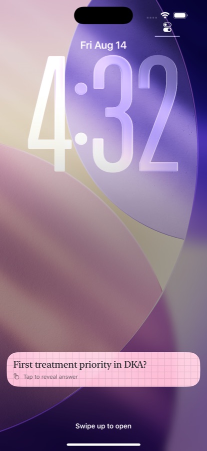 Real iPhone lock screen with the NurseLingo sticky note asking: First treatment priority in DKA?